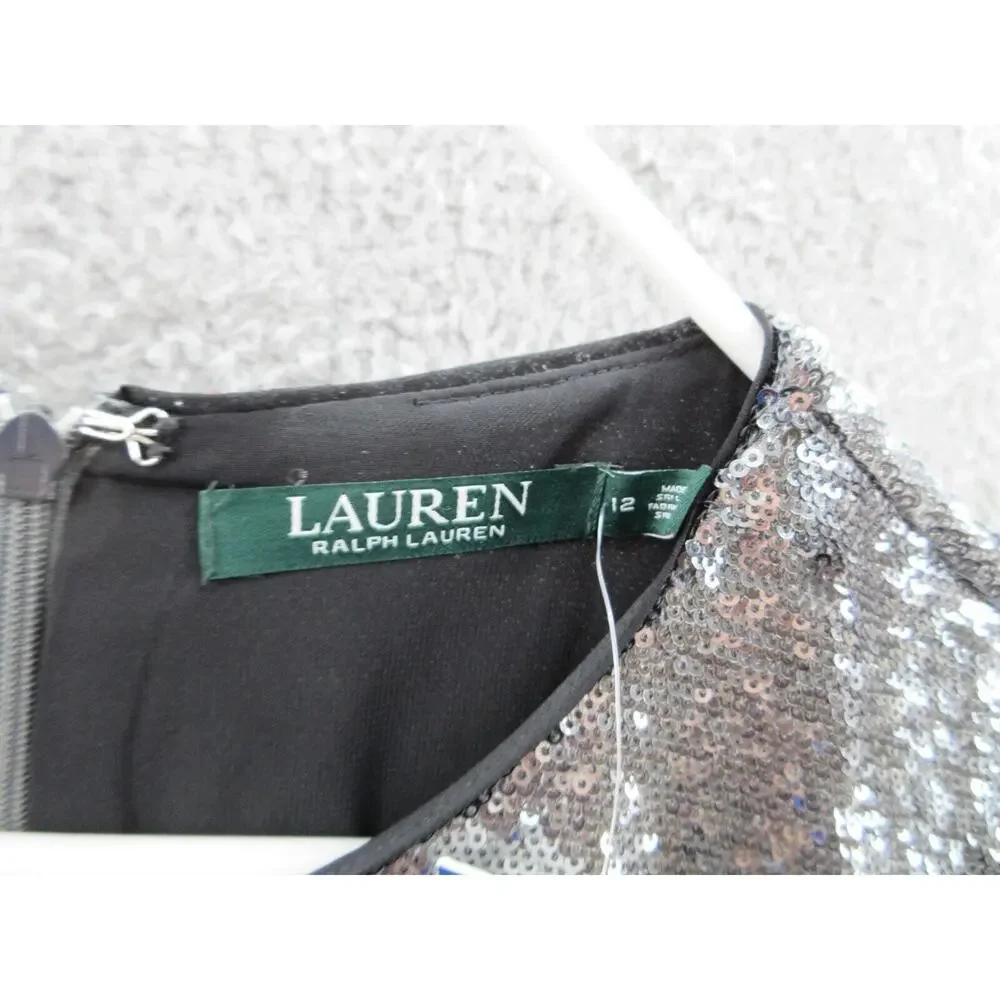 NWT Ralph Lauren Women Sz 12 Silver Sequined Party Cocktail Dress Round Neck - Picture 2 of 16